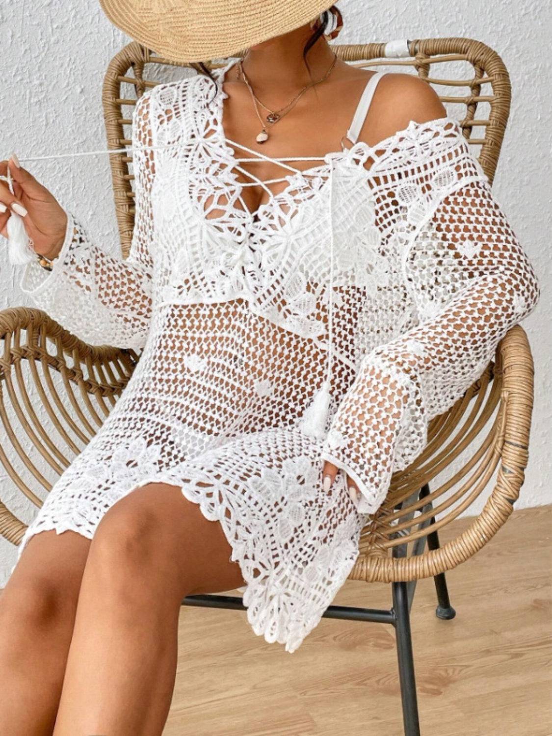 Cutout Tied V-Neck Long Sleeve Cover Up - Sosea Swimwear