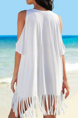 Fringe V-Neck Cold Shoulder Cover Up - Sosea Swimwear