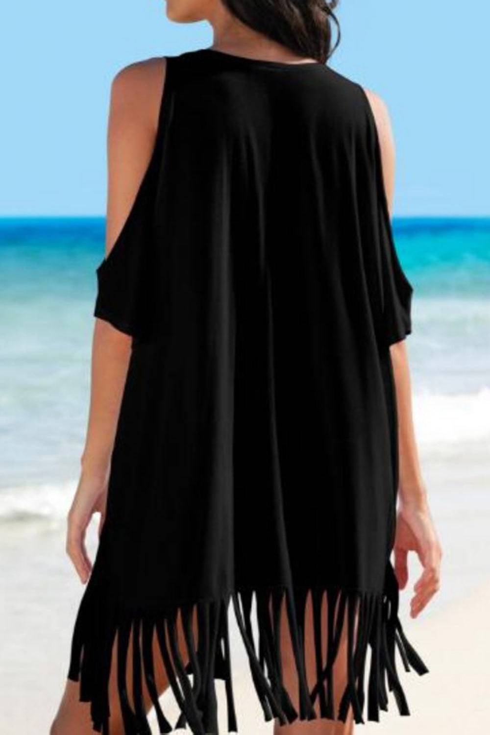 Fringe V-Neck Cold Shoulder Cover Up - Sosea Swimwear