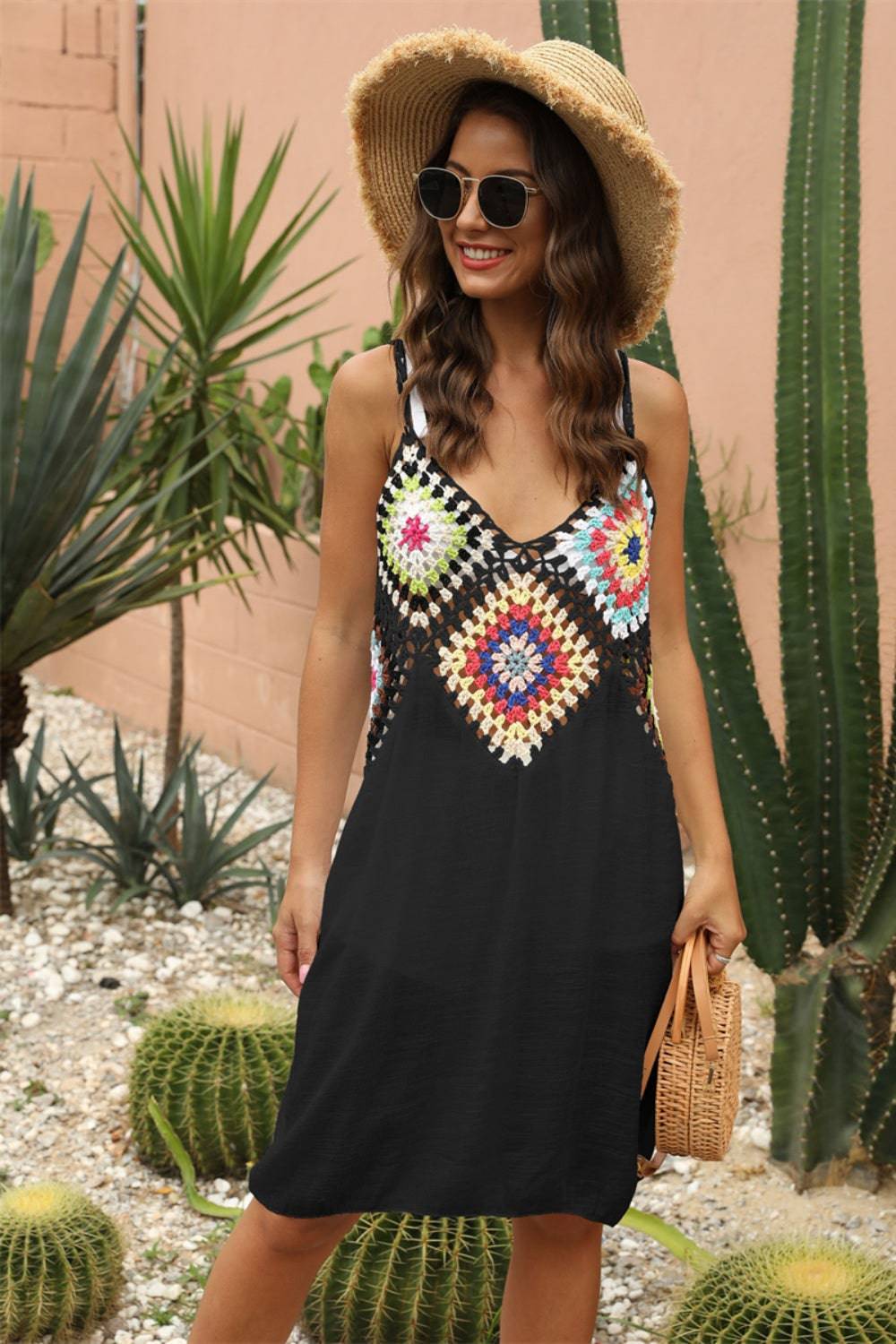 Geometric V-Neck Spaghetti Strap Cover Up Dress - Sosea Swimwear