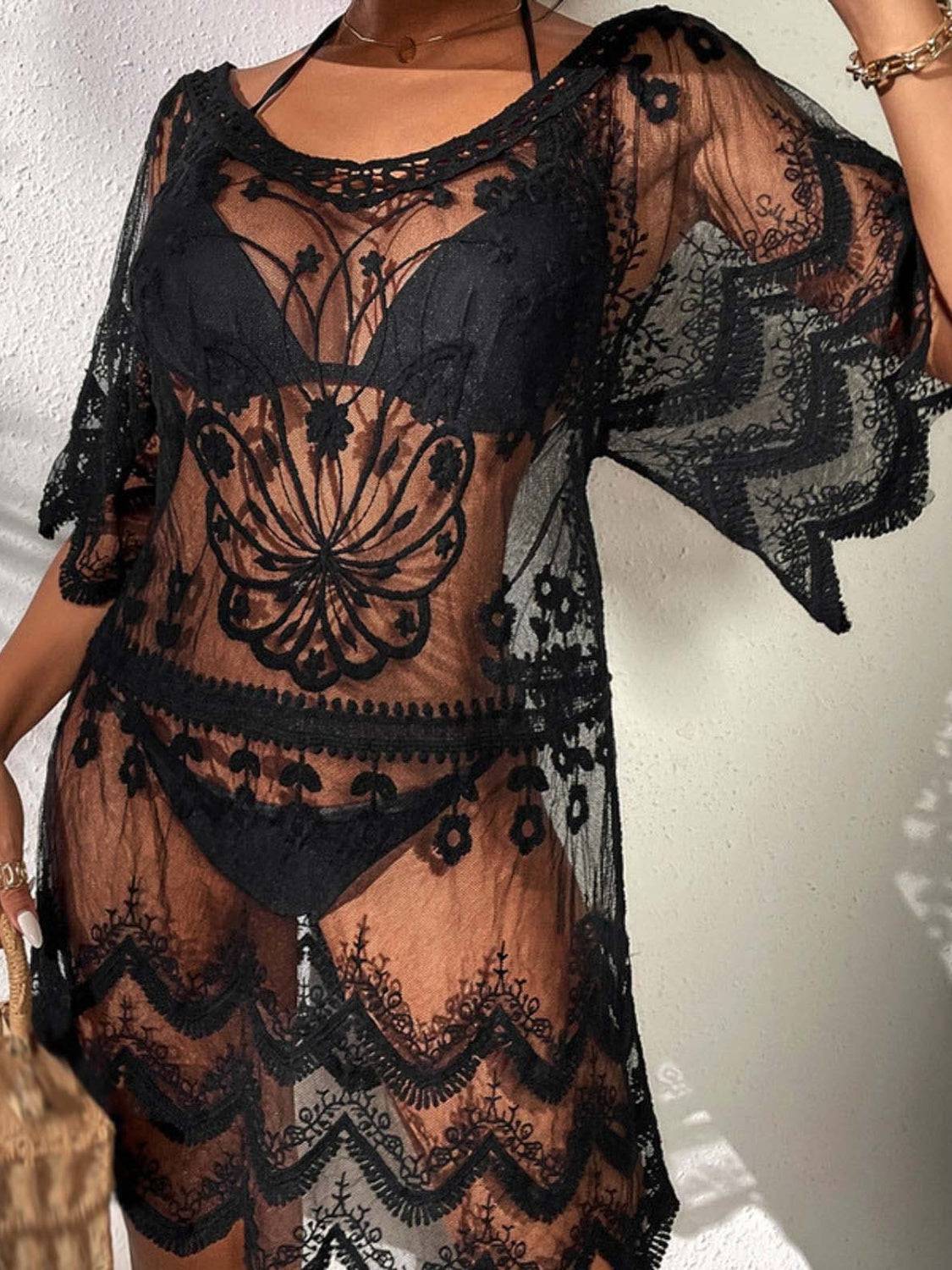 Lace Round Neck Half Sleeve Cover-Up - Sosea Swimwear