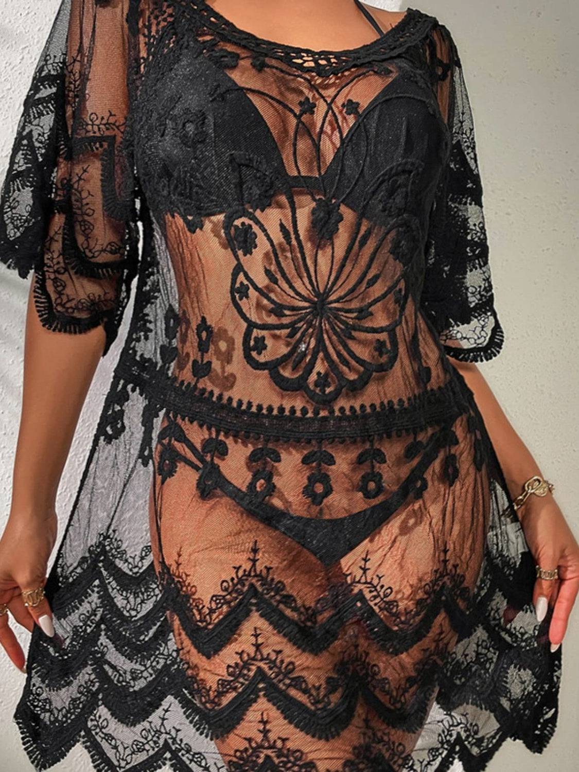 Lace Round Neck Half Sleeve Cover-Up - Sosea Swimwear