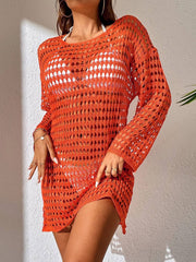 Openwork Boat Neck Long Sleeve Cover-Up - Sosea Swimwear