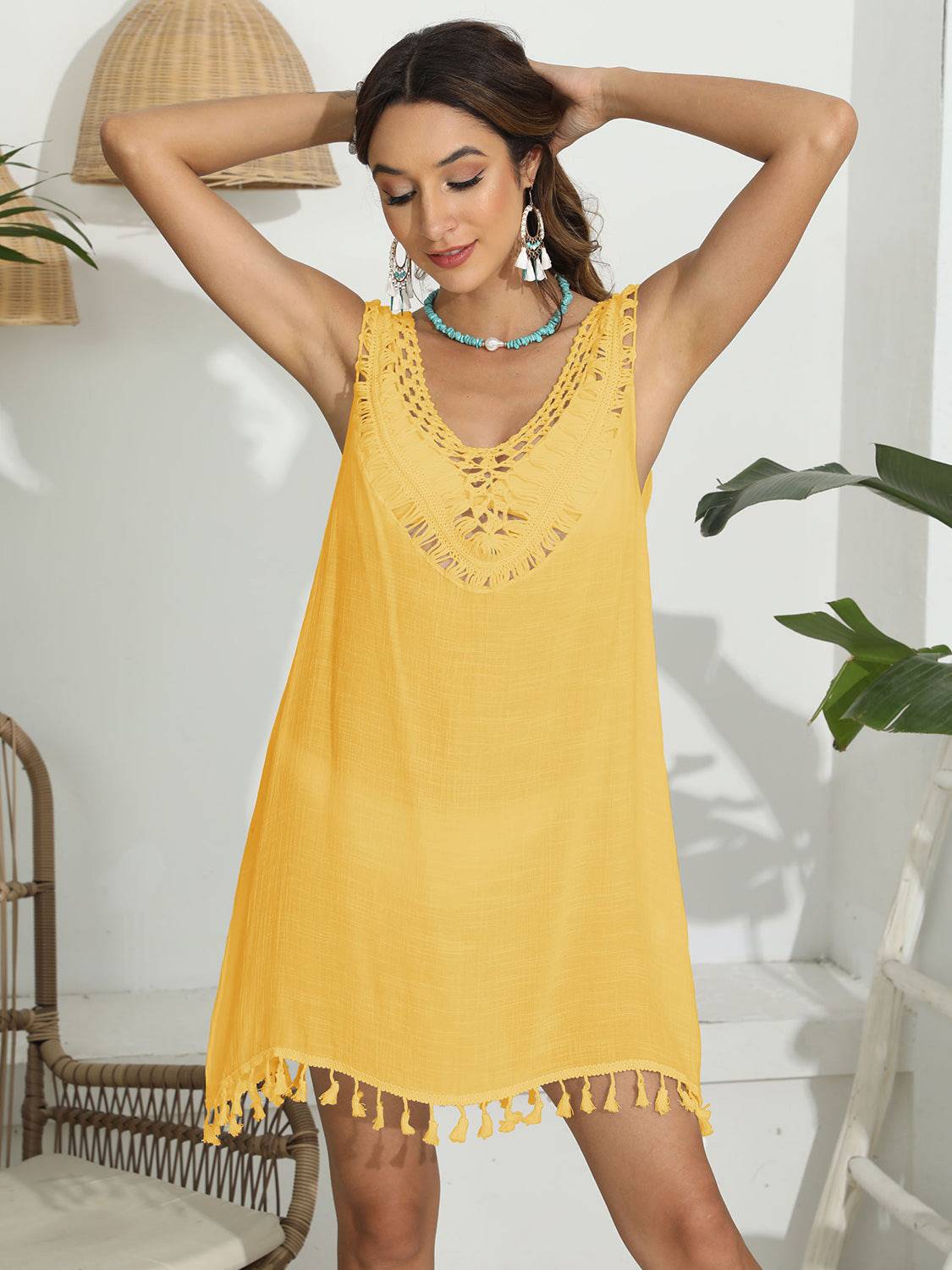 Tassel Scoop Neck Wide Strap Cover-Up - Sosea Swimwear