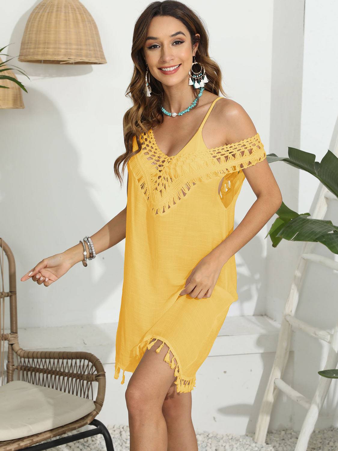 Tassel Scoop Neck Wide Strap Cover-Up - Sosea Swimwear