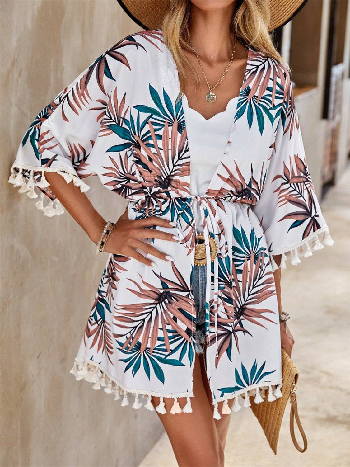 Tassel Tied Printed Half Sleeve Cover Up - Sosea Swimwear