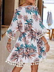 Tassel Tied Printed Half Sleeve Cover Up - Sosea Swimwear