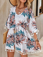 Tassel Tied Printed Half Sleeve Cover Up - Sosea Swimwear