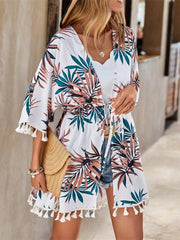 Tassel Tied Printed Half Sleeve Cover Up - Sosea Swimwear