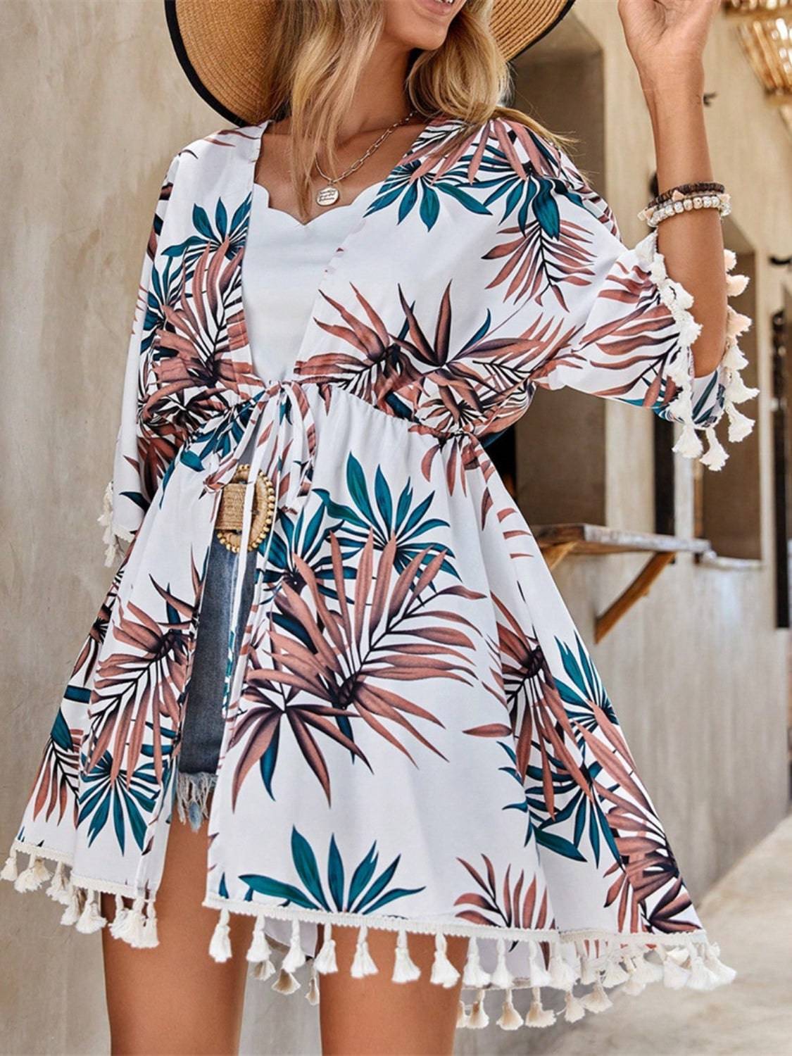 Tassel Tied Printed Half Sleeve Cover Up - Sosea Swimwear