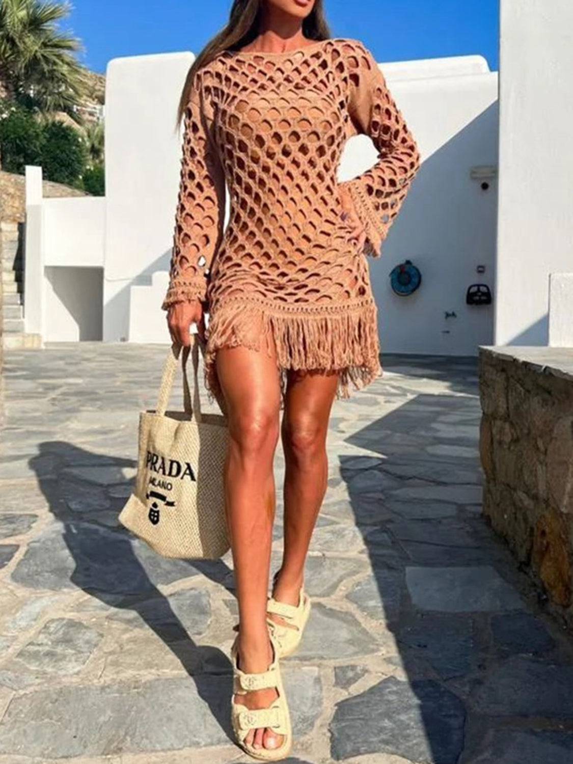 Fringe Cutout Long Sleeve Cover Up - Sosea Swimwear