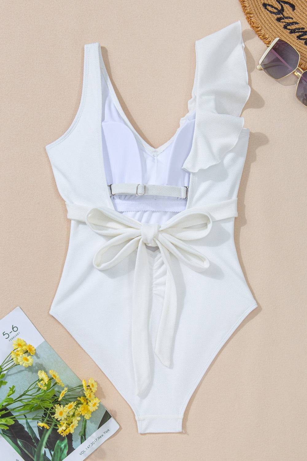 Ruffled V-Neck Wide Strap One-Piece Swimwear - Sosea Swimwear