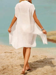 Slit Button Up Short Sleeve Cover-Up - Sosea Swimwear